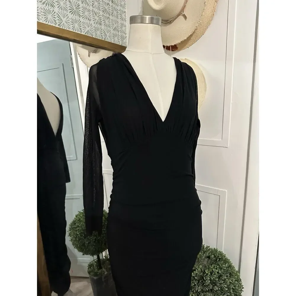 FUZZI Jean Paul Gaultier Mesh V-neck Long Sleeve Ruched Midi Dress - Picture 2 of 7